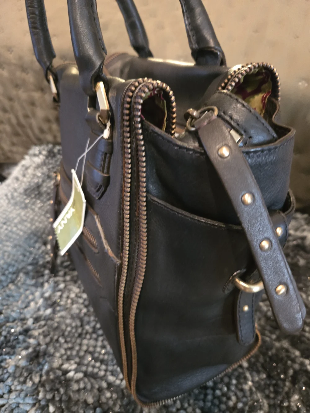 orYANY Black Leather Satchel with Brass-Tone Zipper & Brown Accents.  Excellent